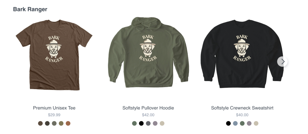 screenshot of three shirts with text that says "bark ranger" and a graphic of a dog with a park ranger hat